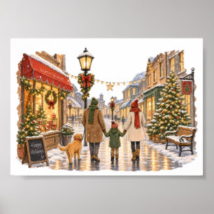 Family Walking in Snowy Christmas Street for Holid Poster