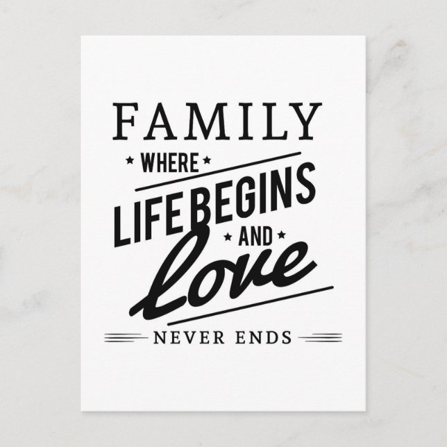 Family Where Life Begins And Love Never Ends Quote Postcard (Front)