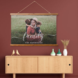 Family White Script Photo Overlay Hanging Tapestry