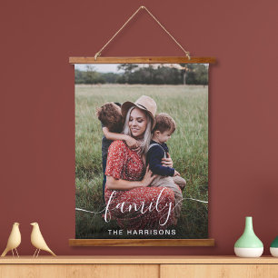 Family White Script Photo Overlay Monogram Hanging Tapestry