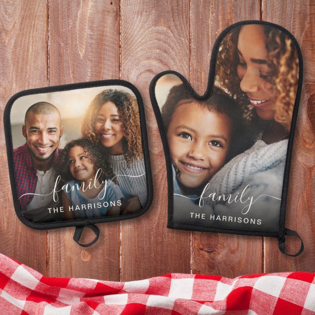 Family White Script Photo Overlay Monogram Oven Mitt & Pot Holder Set (Creator Uploaded)