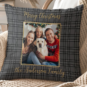 Family Winter Grey Gold Plaid Custom Modern Photo Cushion
