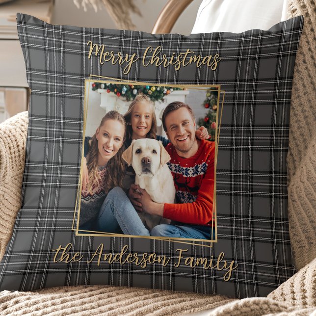 Family Winter Grey Gold Plaid Custom Modern Photo Cushion (Creator Uploaded)