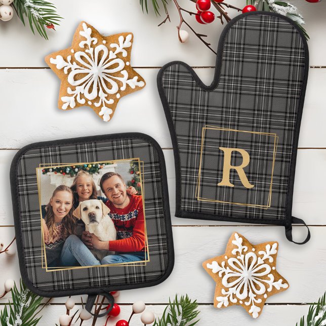 Family Winter Grey Plaid Custom Monogram & Photo Oven Mitt & Pot Holder Set (Creator Uploaded)