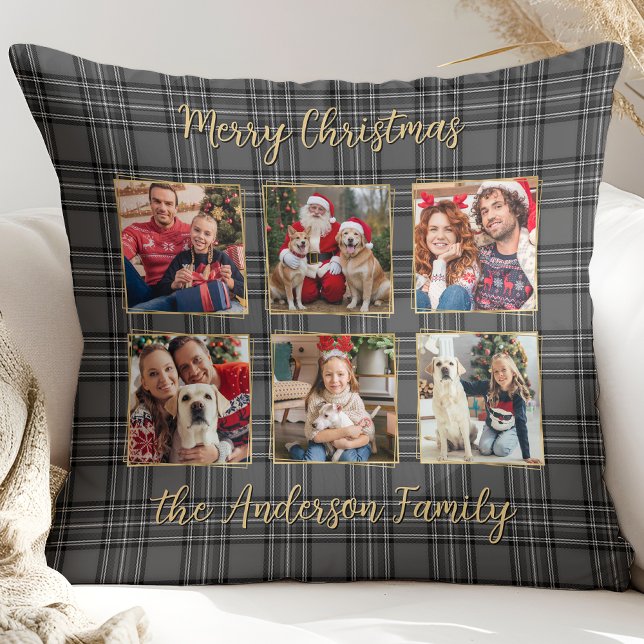 Family Winter Plaid Grey Gold Custom Photo Collage Cushion (Creator Uploaded)
