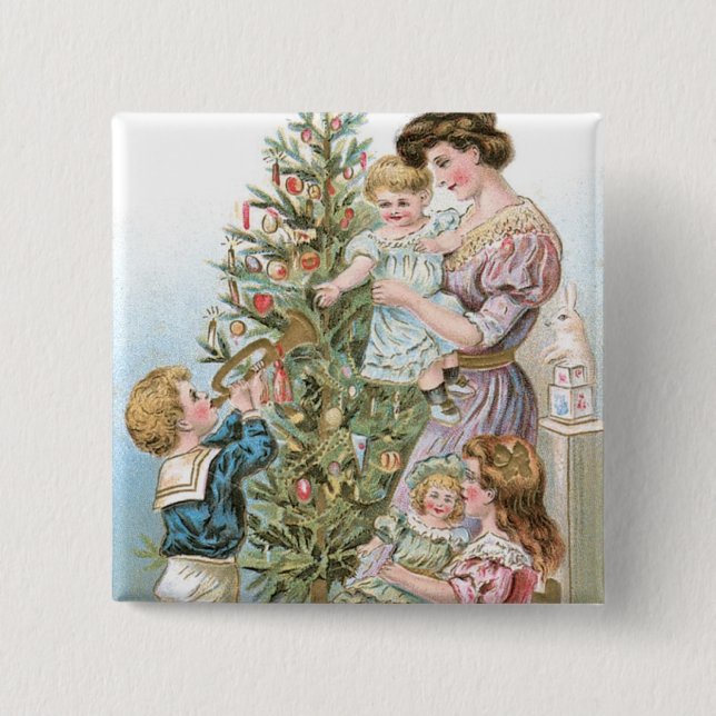 Family with Christmas Tree 15 Cm Square Badge (Front)