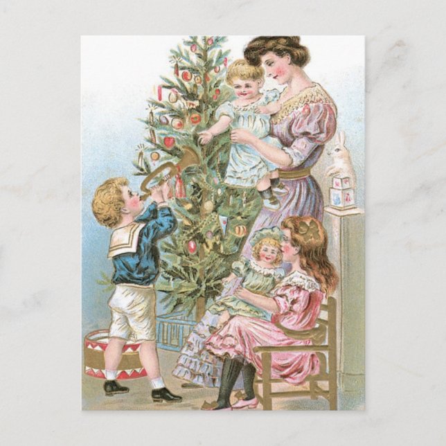 Family with Christmas Tree Holiday Postcard (Front)