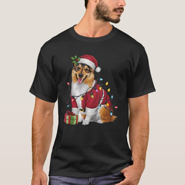 Family Xmas Lighting Santa Norwegian Elkhound Dog  T-Shirt (Front)