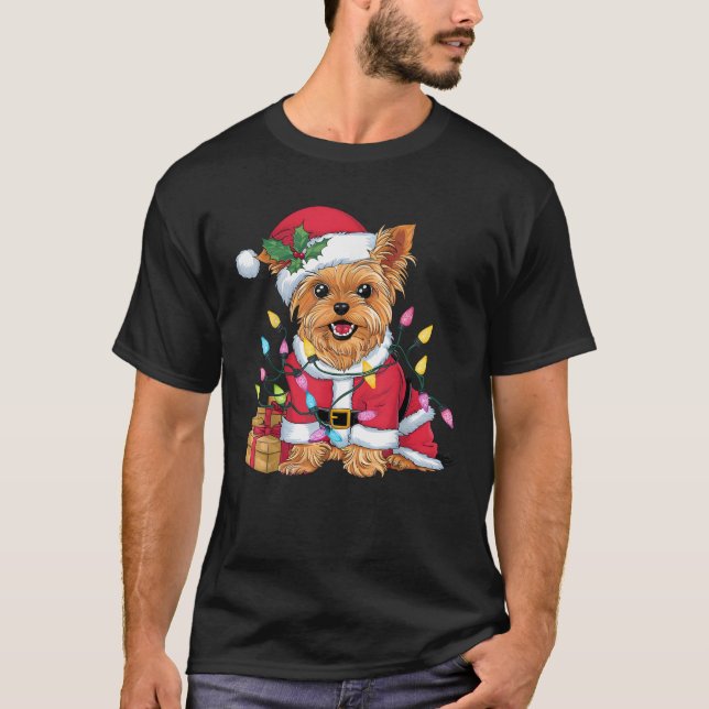 Family Xmas Lighting Santa Yorkie Dog Christmas  T-Shirt (Front)