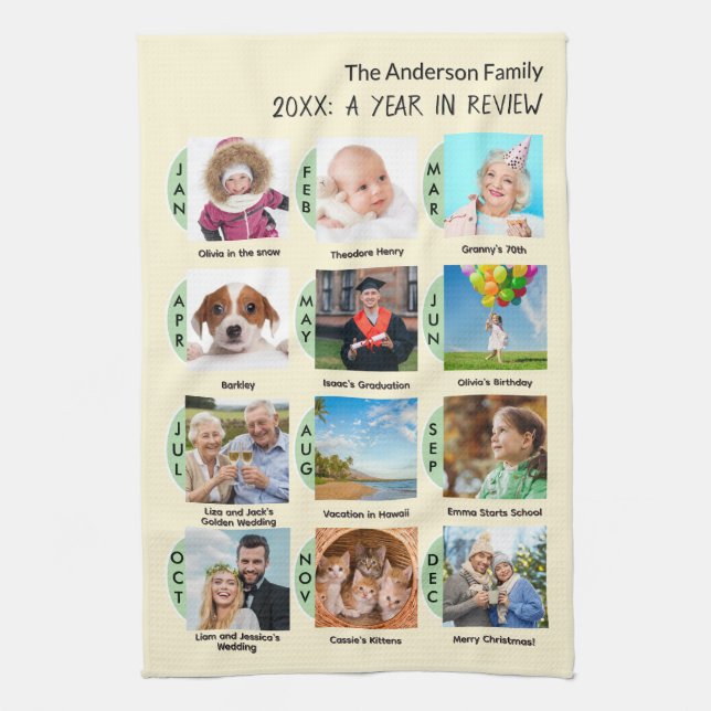 Family Year Gallery of 12 Photos Cream Custom Tea Towel (Vertical)