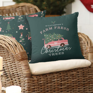Family's Farm Fresh Christmas Trees Pink Retro Van Cushion