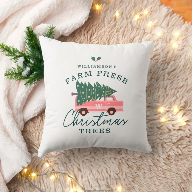 Family's Farm Fresh Christmas Trees Pink Retro Van Cushion (Family's Farm Fresh Christmas Trees Pink Retro Van Throw Pillow)