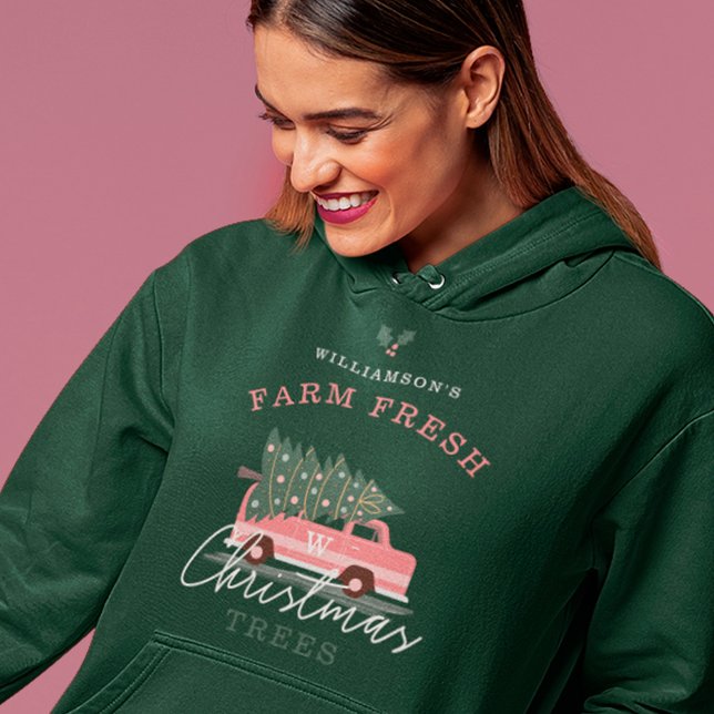 Family's Farm Fresh Christmas Trees Pink Retro Van Hoodie (Family's Farm Fresh Christmas Trees Pink Retro Van Hoodie)