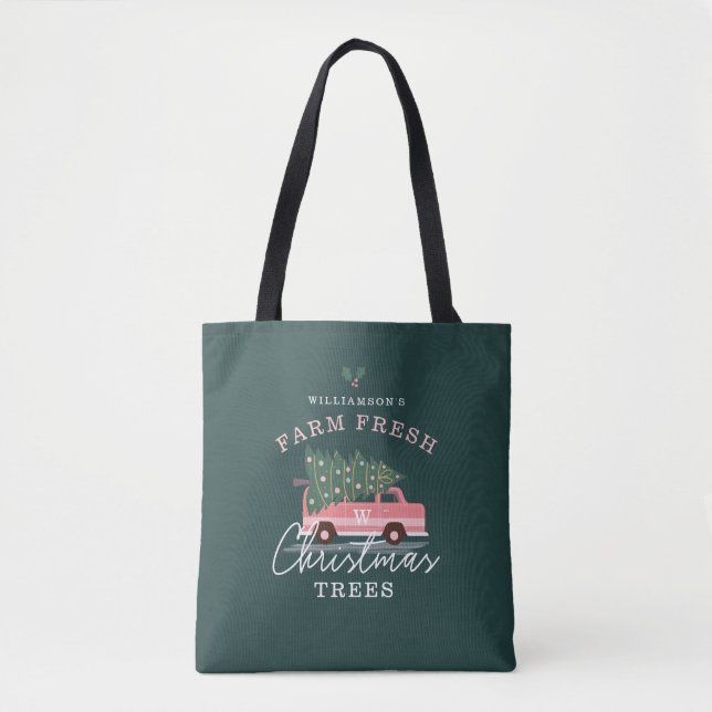 Family's Farm Fresh Christmas Trees Pink Retro Van Tote Bag (Front)