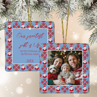 Family's First Christmas 1 Photo Santa Poinsettia Ceramic Ornament