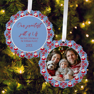 Family's First Christmas 1 Photo Santa Poinsettia Tree Decoration Card