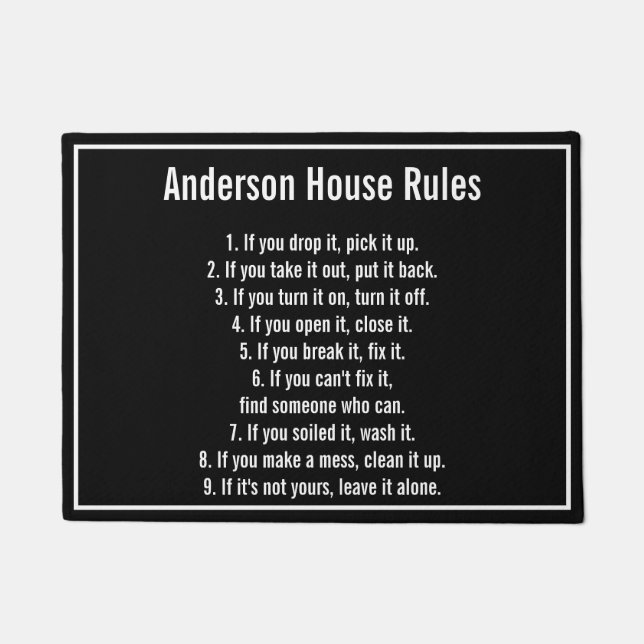 Family's House Rules Black and White Text Template Doormat (Front)