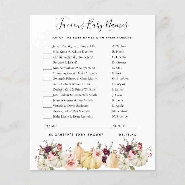 Famous Baby Names | Baby Shower Game (Front)
