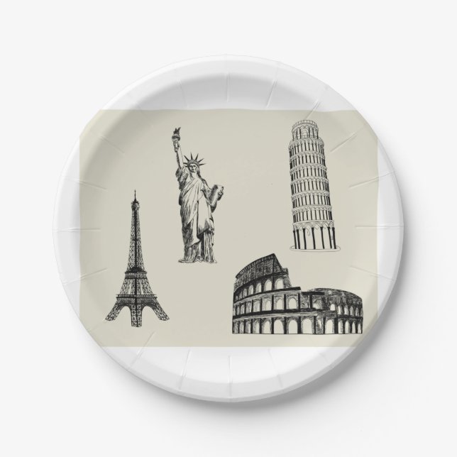 Famous Landmarks Illustration Paper Plate (Front)