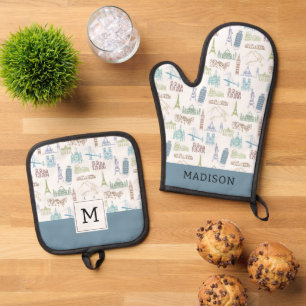 Famous Landmarks Pattern Oven Mitt & Pot Holder Set
