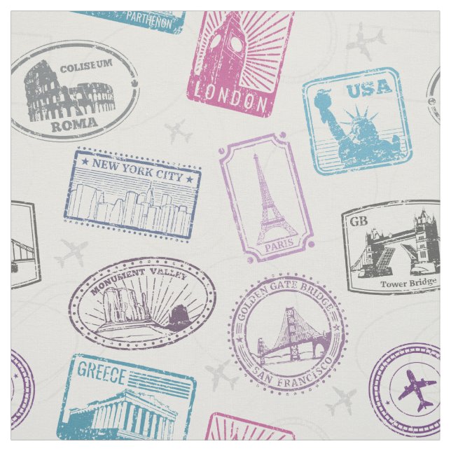 Famous landmarks retro postal markings pattern fabric (Swatch)