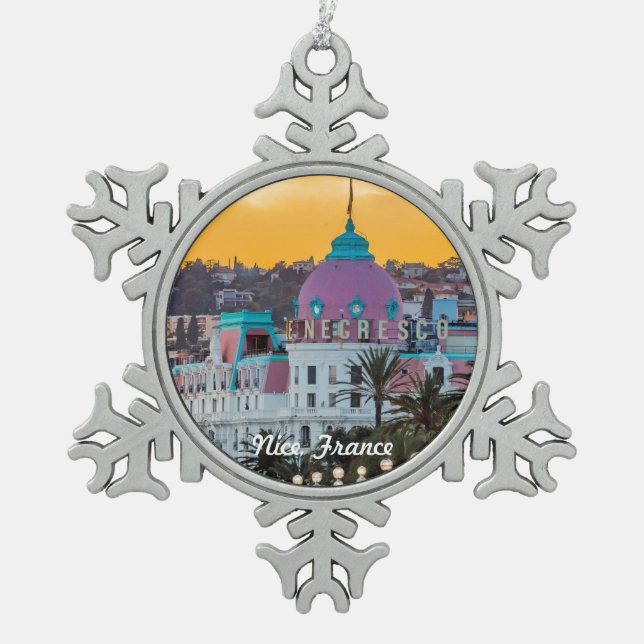 Famous luxury hotel Hotel Negresco in Nice France Snowflake Pewter Christmas Ornament (Front)