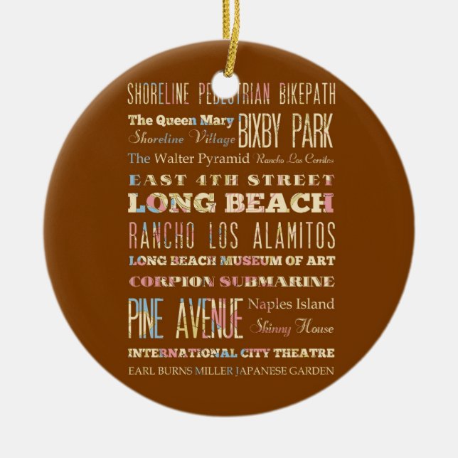 Famous Places of Long Beach, California. Ceramic Tree Decoration (Front)