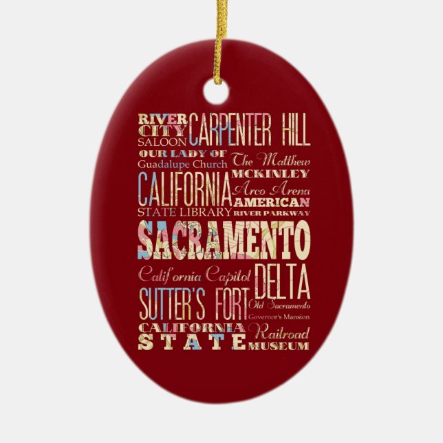 Famous Places of Sacramento, California. Ceramic Tree Decoration (Front)