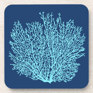 Fan Coral Print, Aqua on Deep Cobalt Blue Coaster