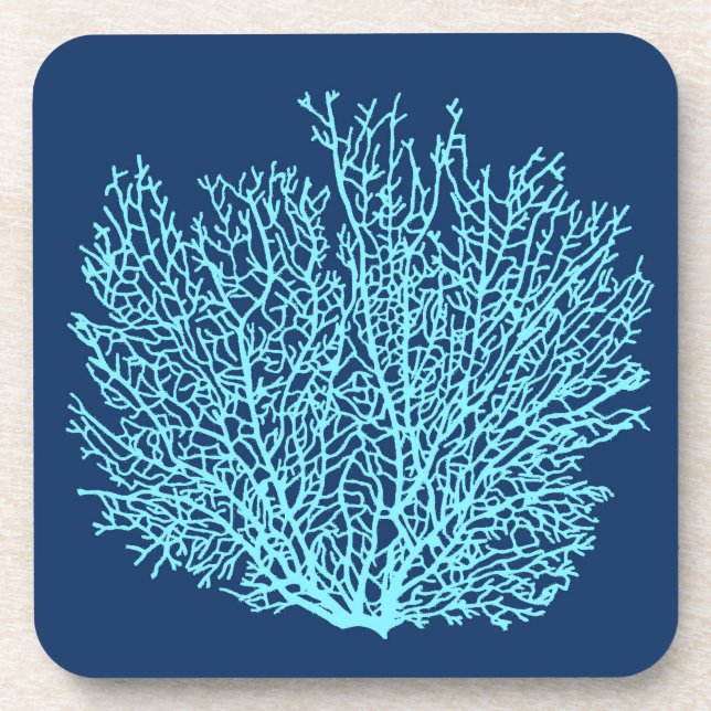 Fan Coral Print, Aqua on Deep Cobalt Blue Coaster (Front)