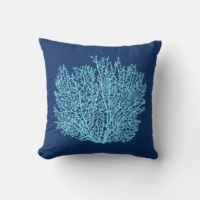 Fan Coral Print, Aqua on Deep Cobalt Blue Cushion (Front)