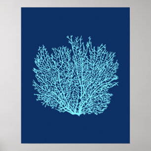 Fan Coral Print, Aqua on Deep Cobalt Blue Poster
