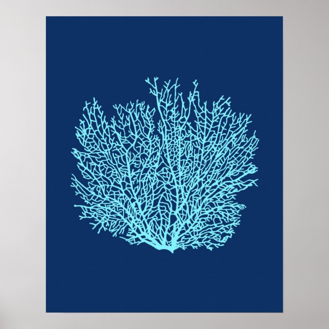 Fan Coral Print, Aqua on Deep Cobalt Blue Poster (Front)