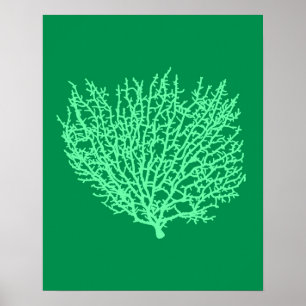 Fan Coral Print, Pale Green on Deep Jade  Green Poster