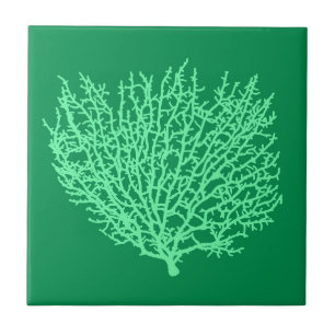 Fan Coral Print, Pale Green on Deep Jade  Green Tile