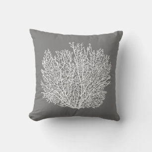 Fan Coral Print, Pale Silver on Medium Grey / Grey Cushion