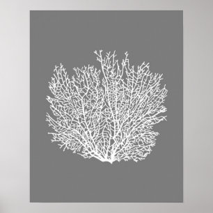 Fan Coral Print, Pale Silver on Medium Grey / Grey Poster