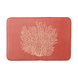 Fan Coral Print, Peach on Deep Coral  Orange Bath Mat