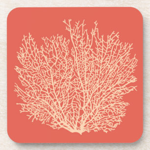 Fan Coral Print, Peach on Deep Coral Orange Coaster