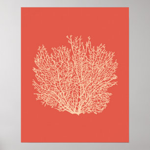 Fan Coral Print, Peach on Deep Coral  Orange Poster