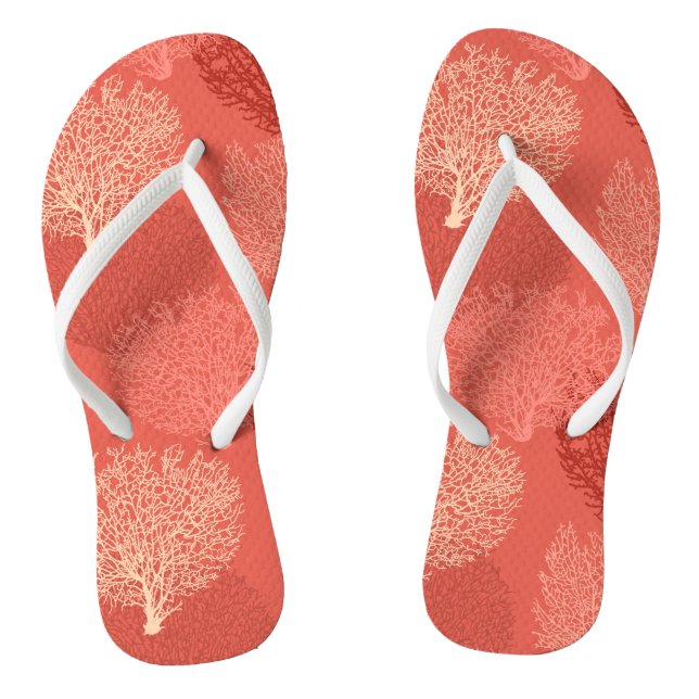 Fan Coral Print, Shades of Coral Orange Flip Flops (Footbed)