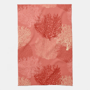 Fan Coral Print, Shades of Coral Orange  Tea Towel