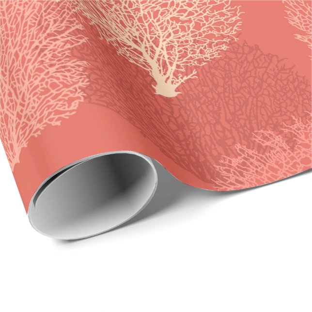 Fan Coral Print, Shades of Coral Orange Wrapping Paper (Roll Corner)