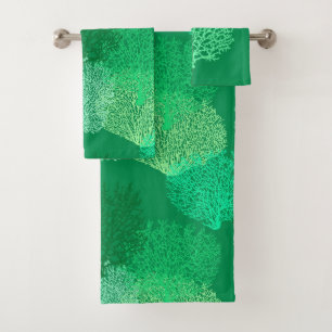 Fan Coral Print, Shades of Jade Green    Bath Towe Bath Towel Set