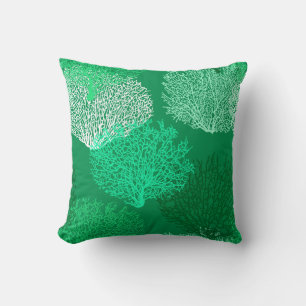 Fan Coral Print, Shades of Jade Green Cushion