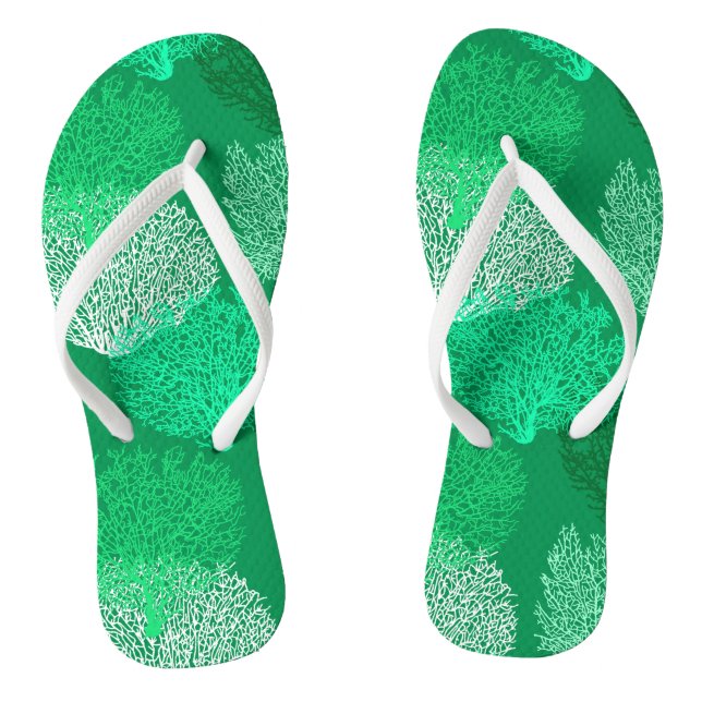 Fan Coral Print, Shades of Jade Green Flip Flops (Footbed)