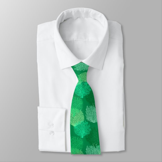 Fan Coral Print, Shades of Jade Green    Tie (Tied)