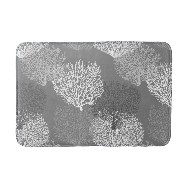 Fan Coral Print, Shades of Silver Grey / Grey Bath Mat (Front)