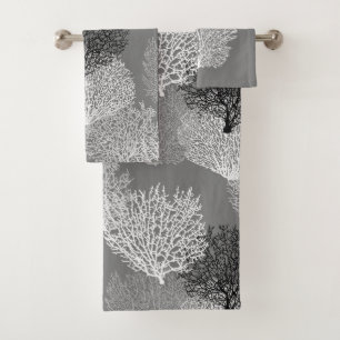 Fan Coral Print, Shades of Silver Grey / Grey   Bath Towel Set