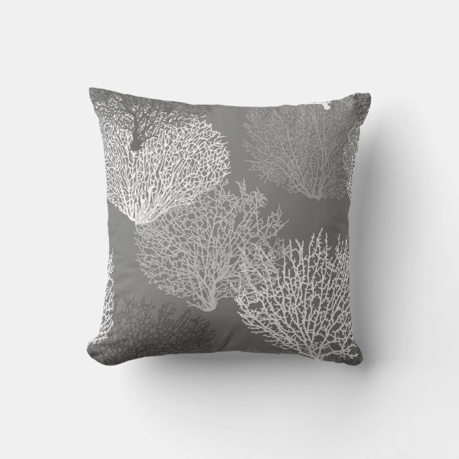 Fan Coral Print, Shades of Silver Grey / Grey Cushion (Front)
